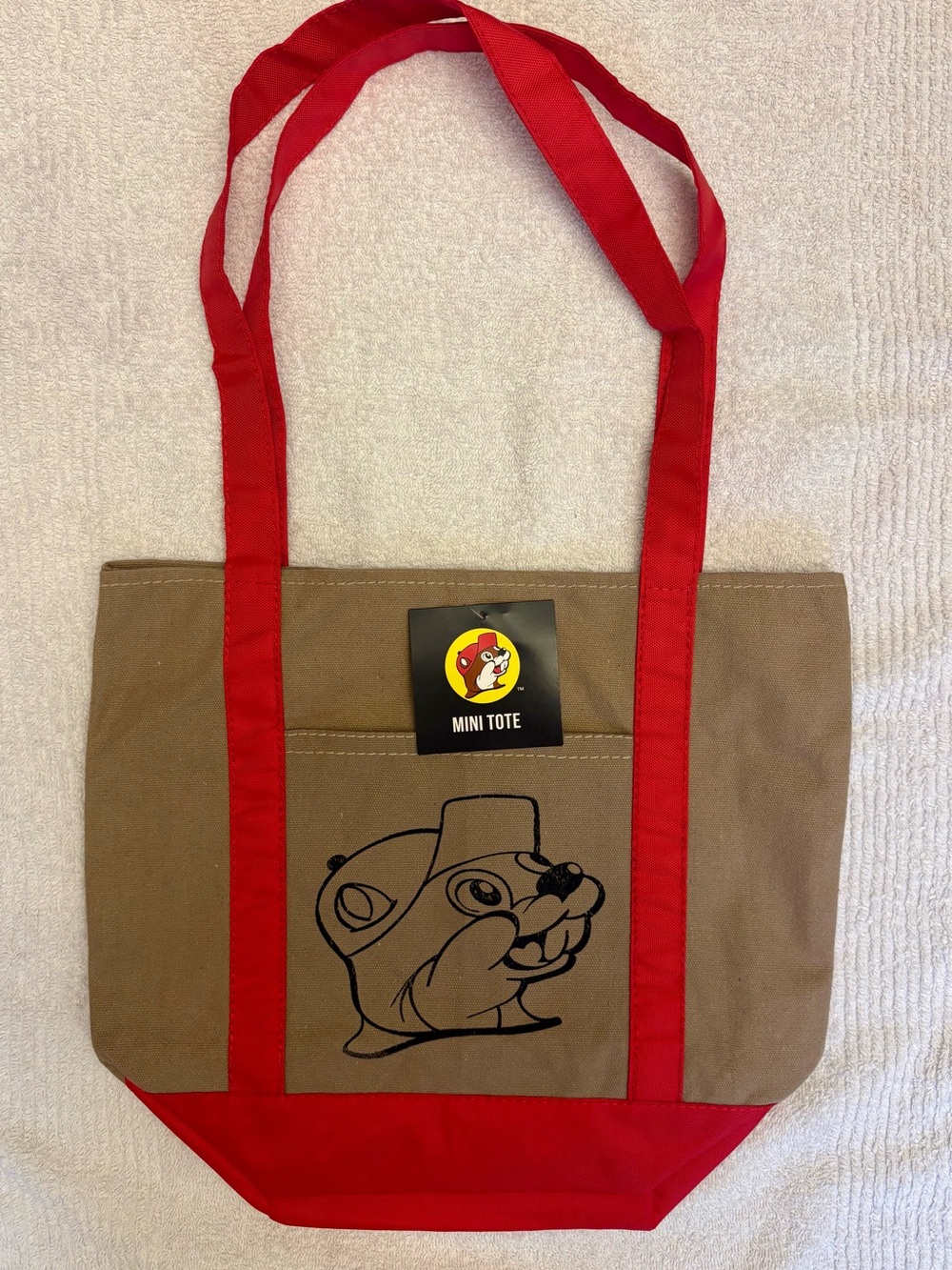 Buc-ees Mini Reusable Tote Bag Beige/Red Graphic Print on both sides